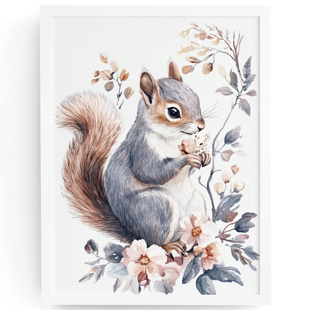 Watercolor Floral Squirrel Portrait Wall Art Illustration Print Poster Unframed - Picture 1 of 9